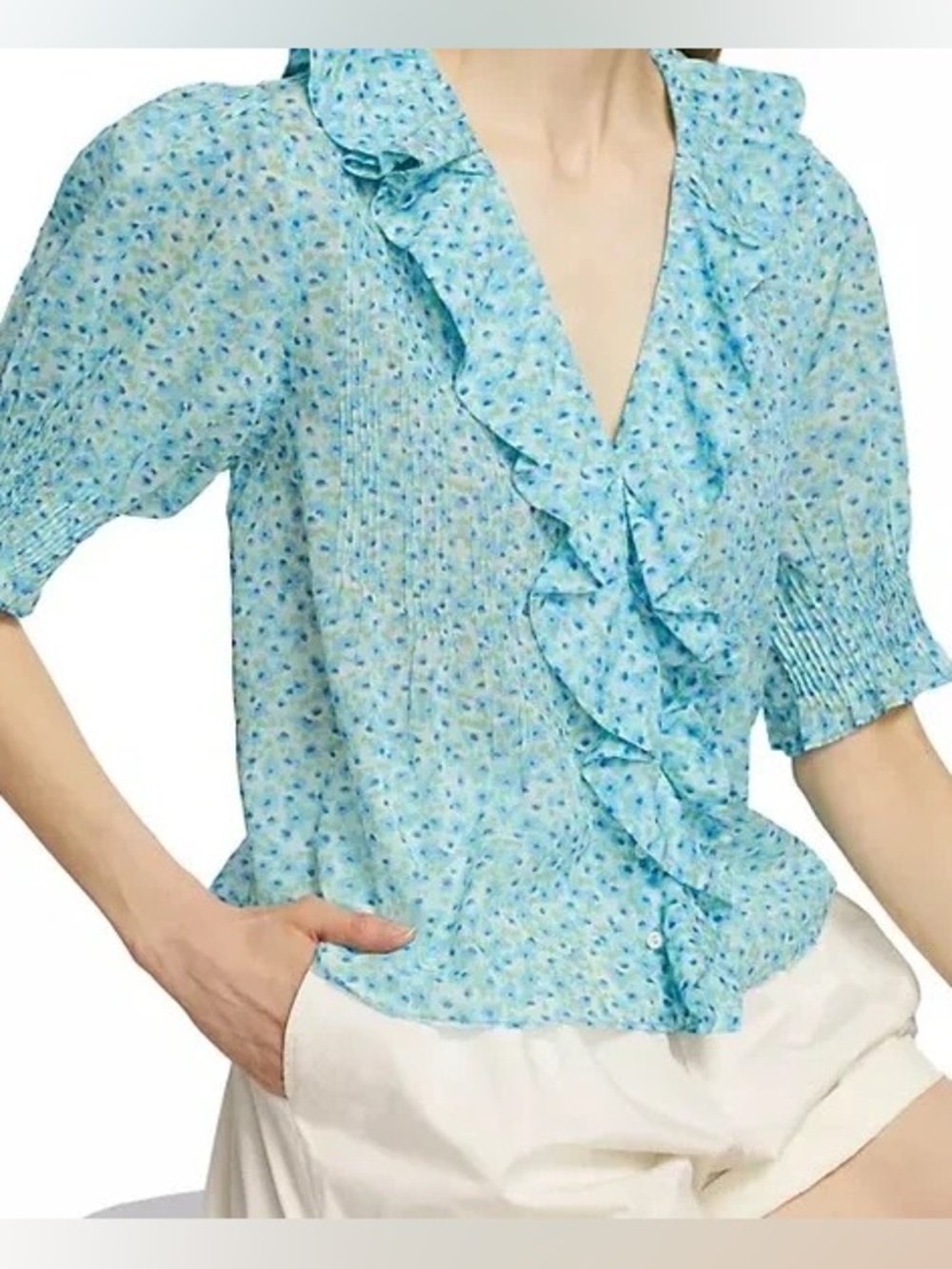 Doen Henri Blue Daisy Fields Floral Ruffle Blouse XS